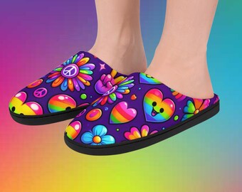 Lisa Frank Inspired Fleece Slippers: Rainbow 90s Vibe House Shoes