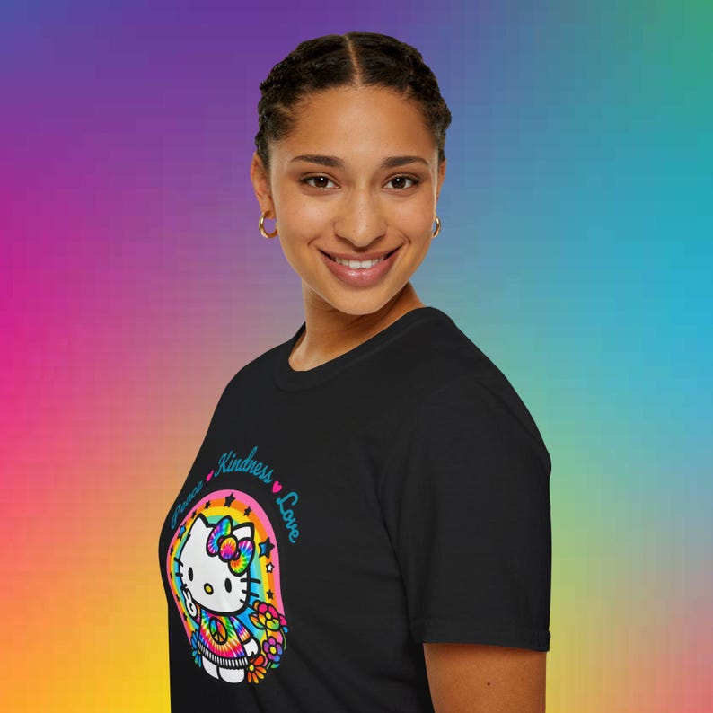 Peace Kindness and Love Hello Kitty Shirt, Unisex Softstyle T-Shirt image 6