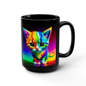 Cute Kitten Mug, Rainbow Kitten Mug, Colorful Ceramic Coffee Cup, Cat Lover Gift, 15oz Black Tea Mug, Unique Drinkware