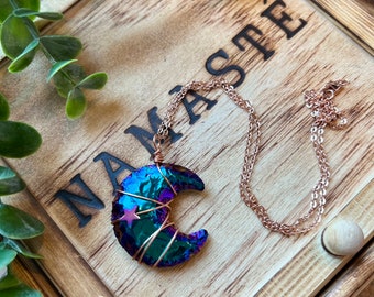 Obsidian Aura Moon Necklace, Aura Moon, Angel Obsidian Aura, Crystal Moon Necklace, Moon Crystal Pendant, Moon Crystal Jewelry,Moon Necklace