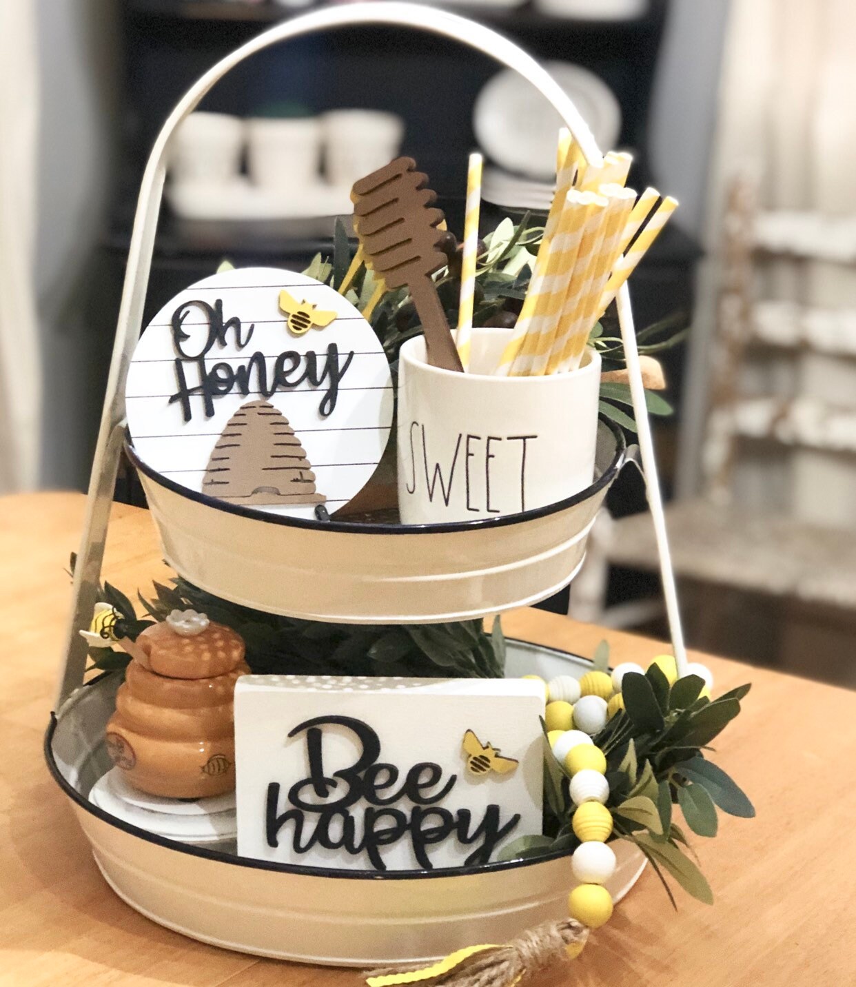 Honey bee tiered tray bundle | oh honey faux shiplap mini sign, bee h…