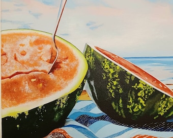 11" x 14" Acrylic painting / Decorative art showing a watermelon picnic at the beach