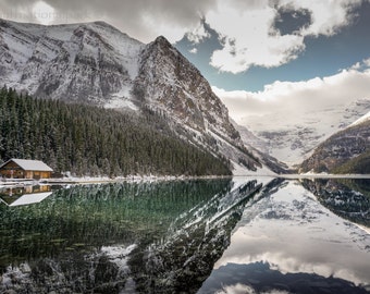 Lake Louise Boathouse & Glacier Photography Print