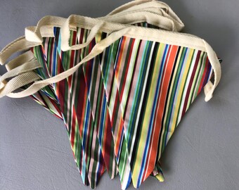 Multi coloured stripes with greens, orange and yellow handmade cotton bunting