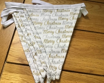 Silver and Gold Merry Christmas print linen style handmade cotton bunting