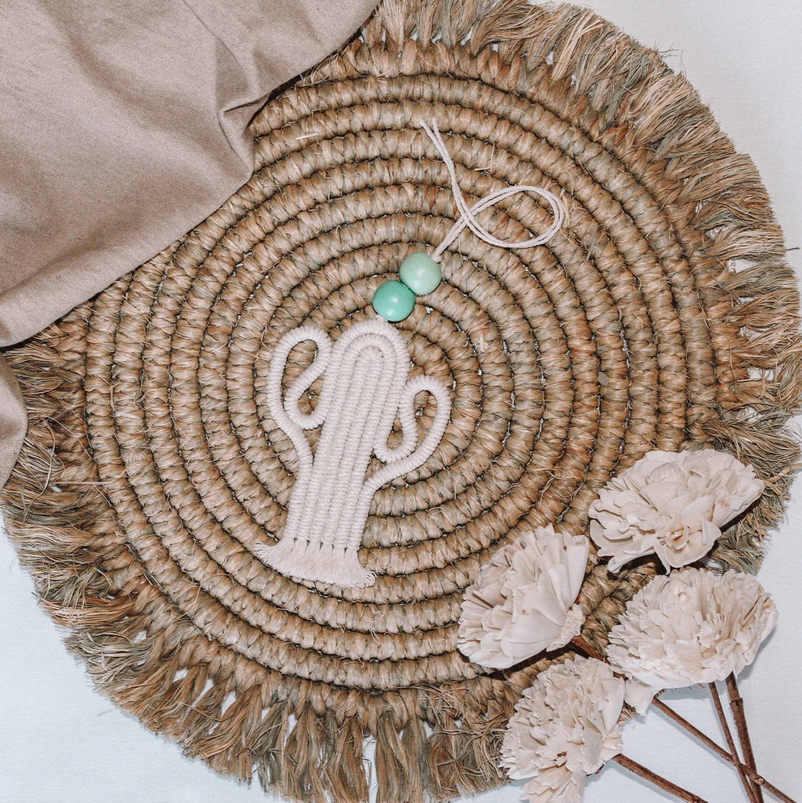 Cream Rearview Mirror Cactus, Macrame Cactus, Cactus Decor, Cactus