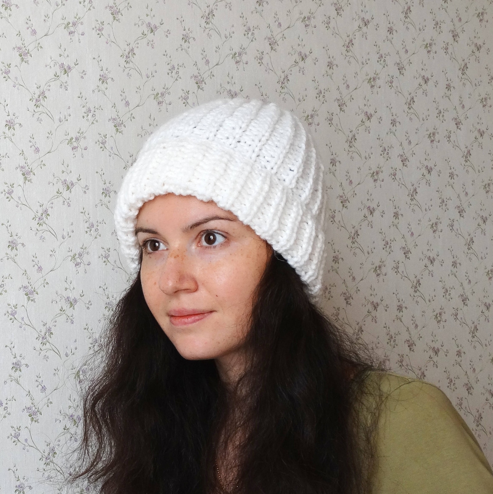 Chunky knit hat White winter women woolly cap Warm roll hat Etsy