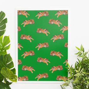 Tiger art print, tiger artwork, tiger digital download, tiger printable wall art, illustration poster, green modern art, jungle animal print