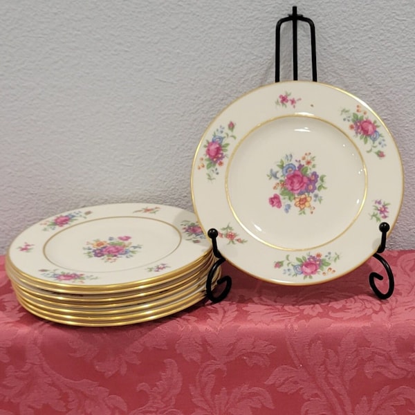 Vintage Set of 8 Lenox Rose 6 1/4" Dessert Bread Plates USA "Lenox Rose" J300 Pink Floral Gold Trim Retired Mint HTF Large Set GIFT