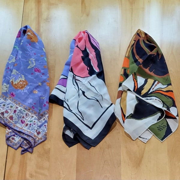 100% Silk Square Scarf CHOICE Pink/ Purple/ Blue Floral Bill Blass or Honey or Autumn Fall Color by Elle Each Hand Rolled Excelent GIFT