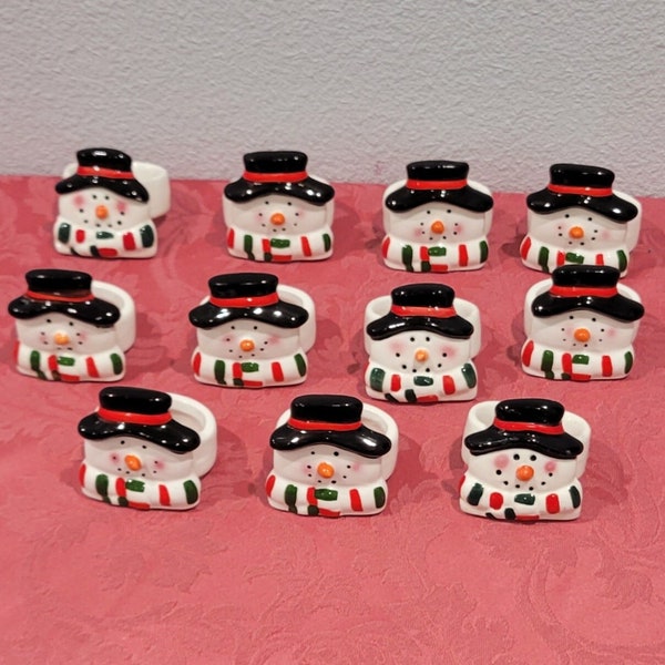 Ceramic Snowman Napkin Rings Set of 11 Darling Like New GIFT Stocking Stuffer Whimsy Holiday Winter Christmas