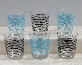 Mid Century Modern Rocks Glasses: Turquoise & Black Stripe Barware Set of 6