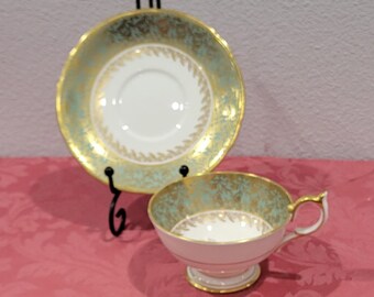 Vintage Aynsley Tea Cup & Saucer Set Beautiful Soft Green and Gold w/ Pink Cabbage Rose Like Paragon No flaws Made in England