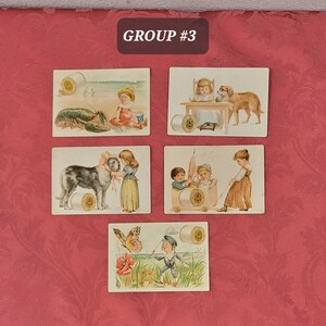 Antike viktorianische J & P Coats Thread Trade Cards 1890er Jahre Kinderkarikatur Verschiedene Szenen Ausgezeichneter Zustand Handkoloriertes Sammlergeschenk