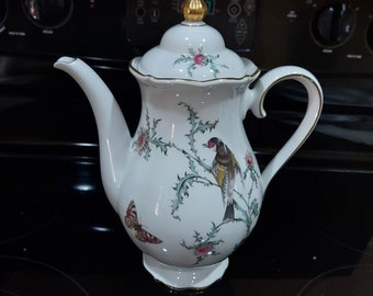 Eberthal Bavaria Coffee Pot Gorgeous White Porcelain w/ Birds Butterflies & Thistle Tea Pot Excellent GIFT