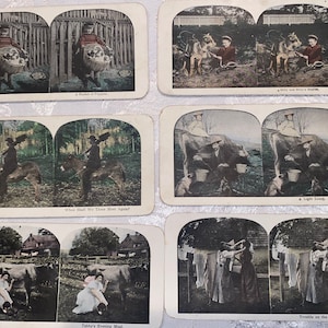 6 Antique Stereoscope Cards 1890s Stereograph Various Scenes Milking Goat Cart Miner Excellent Conditn Hand Colored Stereoscopic Photos GIFT
