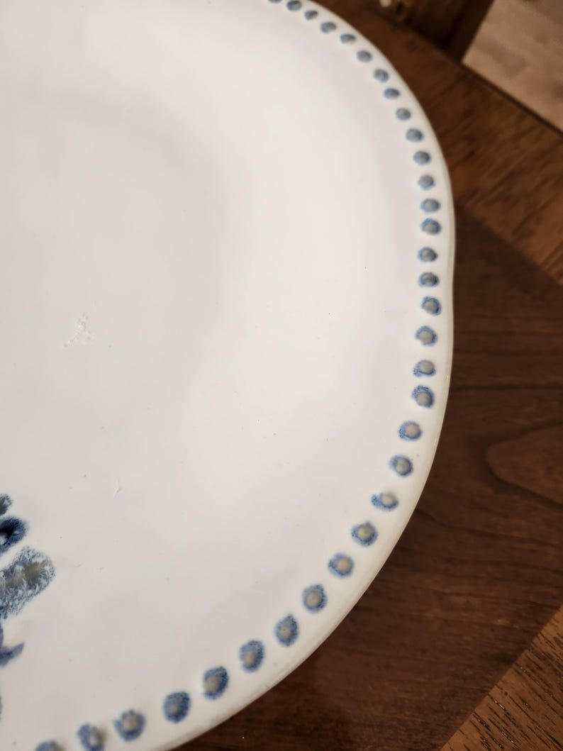 May include: A white ceramic plate with a blue dotted border. The plate has a slightly irregular edge and a simple, elegant design. The plate is likely for serving food.