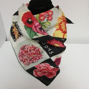 Vintage 100% Silk Scarf Echo 29&quot; Square Floral Scarf Beautiful Black White Red Flowers Bright Colors Black Background Spring GIFT