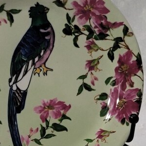 May include: A green and blue bird with a long tail sits on a pale green plate with pink flowers. The plate has a floral design with pink flowers and green leaves.