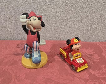 Vintage Walt Disney Productions Minnie Mouse Work Out Figurine  Porcelain Figurine +  Mickey Die Cut Fire Engine 5 No Flaws GIFT Collectible