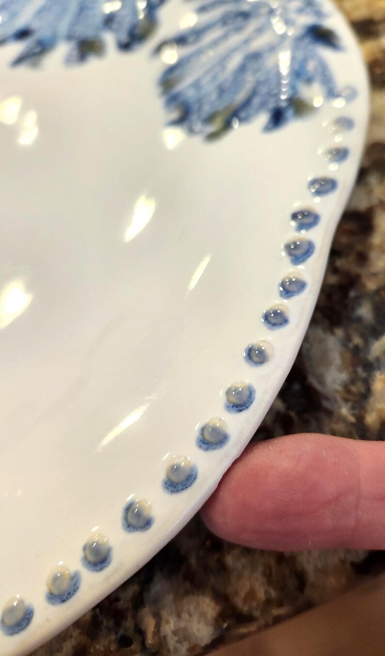 May include: Close-up of a white ceramic plate with a blue floral design and a beaded edge. The edge features small, evenly spaced blue dots. The plate is partially visible, showcasing its curved shape and glossy finish.