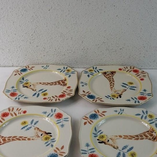 6 Lou Rota Anthropologie Nature Table Luncheon Salad / Dessert Plates 9" Square Giraffe Like New GIFT