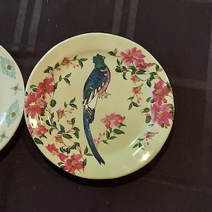 May include: A white ceramic plate with a floral design featuring pink flowers and a blue and green bird. The bird is perched on a branch with its wings spread.