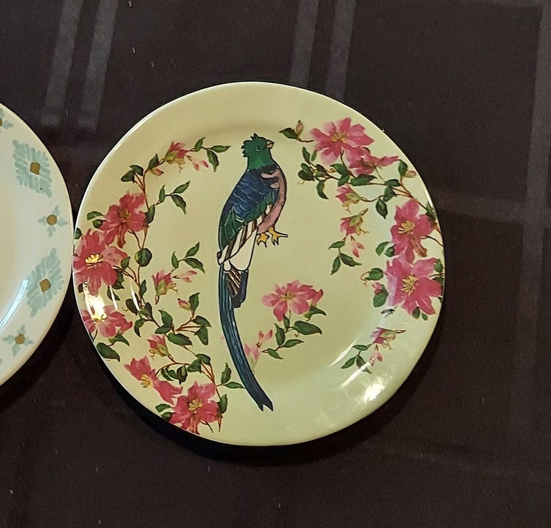 May include: A white ceramic plate with a floral design featuring pink flowers and a blue and green bird. The bird is perched on a branch with its wings spread.