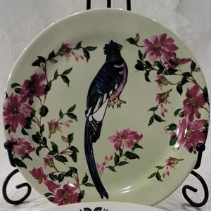 May include: A green, blue, and white bird with a long tail is depicted on a light green ceramic plate. The bird is surrounded by pink flowers and green leaves.