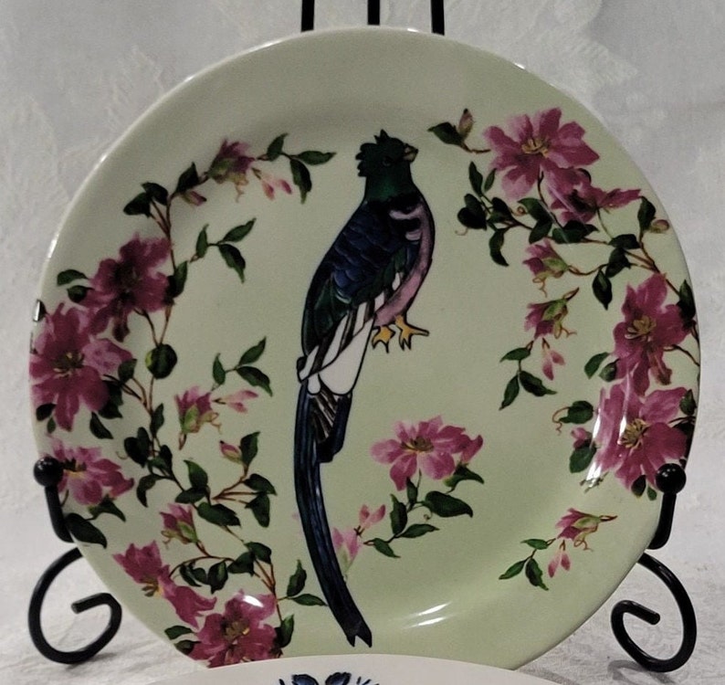 May include: A green, blue, and white bird with a long tail is depicted on a light green ceramic plate. The bird is surrounded by pink flowers and green leaves.
