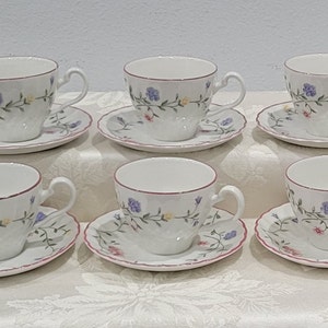 6 Sets Johnson Bros Summer Chintz Cups & Saucers &quot;Made in Staffordshire. England&quot; Pink and Blue Floral Vines No Flaws Wedding Shower GIFT