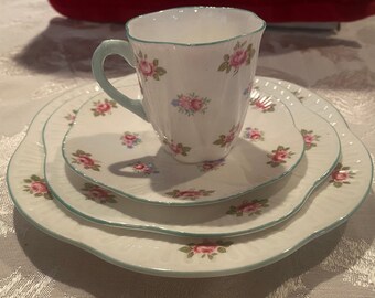Vintage Shelley Rosebud Demitasse Set: English Bone China Tea Cup, Saucer & Plates