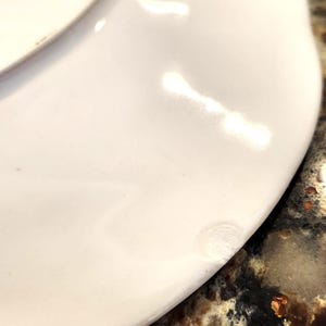 May include: Close-up of a white ceramic plate with a slightly curved edge. The plate has a glossy finish and a small imperfection near the edge. The plate is on a speckled brown surface.
