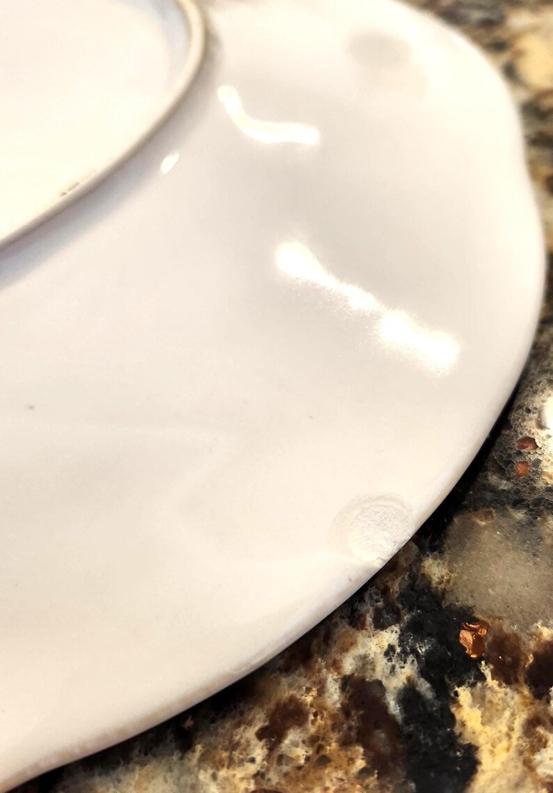 May include: Close-up of a white ceramic plate with a slightly curved edge. The plate has a glossy finish and a small imperfection near the edge. The plate is on a speckled brown surface.