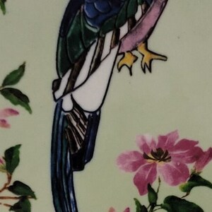 May include: A blue and green bird with a long tail and yellow feet is perched on a branch with pink flowers. The bird is painted on a light green background.