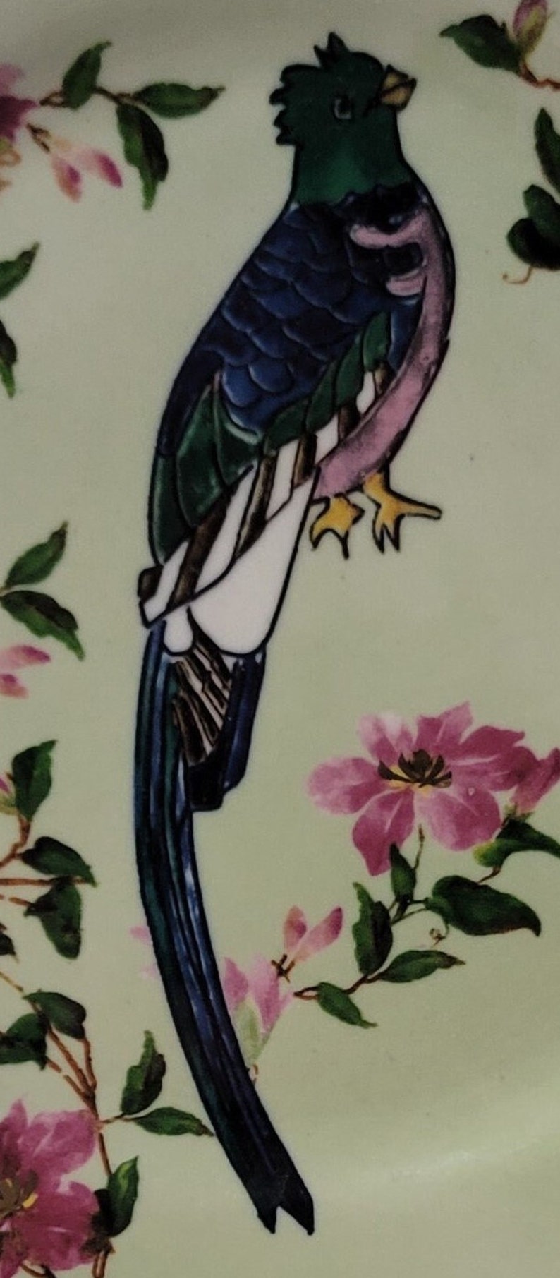 May include: A blue and green bird with a long tail and yellow feet is perched on a branch with pink flowers. The bird is painted on a light green background.