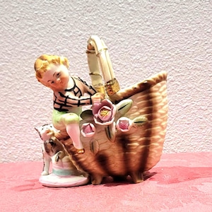 Vintage Ucagco Figurine: Boy with Cat in Basket Planter, Made in Japan