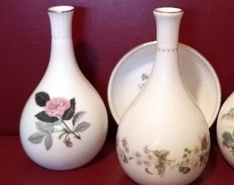 Vintage Wedgwood Bud Vase Made in England 5" Gold Trim CHOICE Hathaway Rose, Mirabelle MINT Great Gift