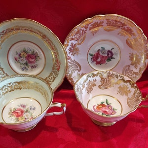 Paragon Tea Cup & Saucer Set Double Warrant 1939 - 1949 Floral Center Gold Trim No Flaws Gorgeous CHOICE Pink OR Mint Green Gift Collectible