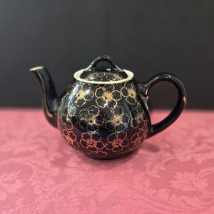 Vintage Hull Teapot: Black & Gold French Flower, Mid-Century Pottery