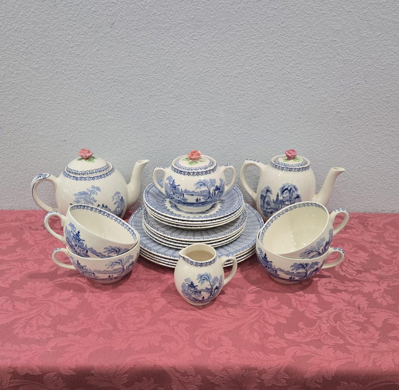 Vintage Fondeville Ambassador Ware Breakfast Lunch SET for 4 Blue & White Scenic Design Pink Rose Finial Made in England circa 1930 No Flaws