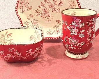 Temptations Floral Lace Set: Cranberry Bowl & Mug