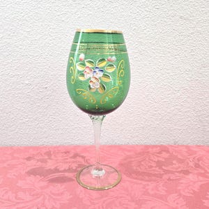 Bohemian Wine Glass Enamel Flowers Emerald 9&quot;  Wine Goblet Collectible Gift Moser-Style Crystal Vibrant Green Hand-Painted Gold Accents