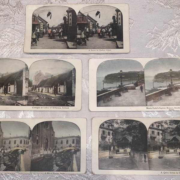 5 Antique Stereoscope Cards 1890s Stereograph Various TRAVEL Scenes CITIES Excellent Conditn Hand Colored Stereoscopic Photos GIFT