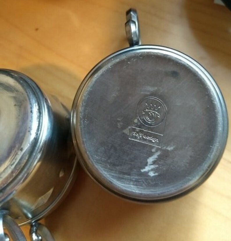 2 Vintage SKS Frieling Zinn Demitasse Pewter Cup Holder Espresso w Porcelain Insert Made in Germany White wGreen Ivy Great Gift St Pats?