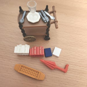 Playmobil Victorian Mansion 5300: Tea Cart + Plate Utensils Wine Glass + Books in a row + Flower Piece + Bellows Furniture Dollhouse