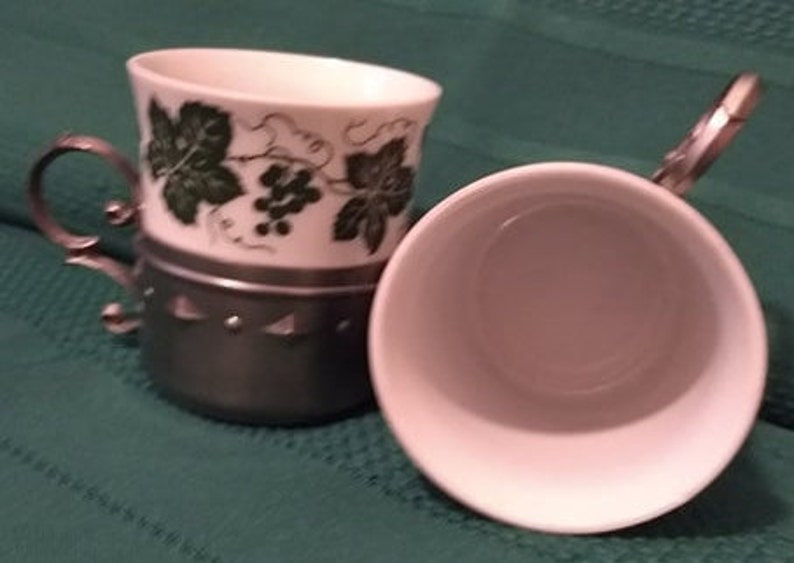 2 Vintage SKS Frieling Zinn Demitasse Pewter Cup Holder Espresso w Porcelain Insert Made in Germany White wGreen Ivy Great Gift St Pats?