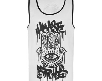Camiseta sin mangas que brilla en la oscuridad con la frase "Namaste Bitches"