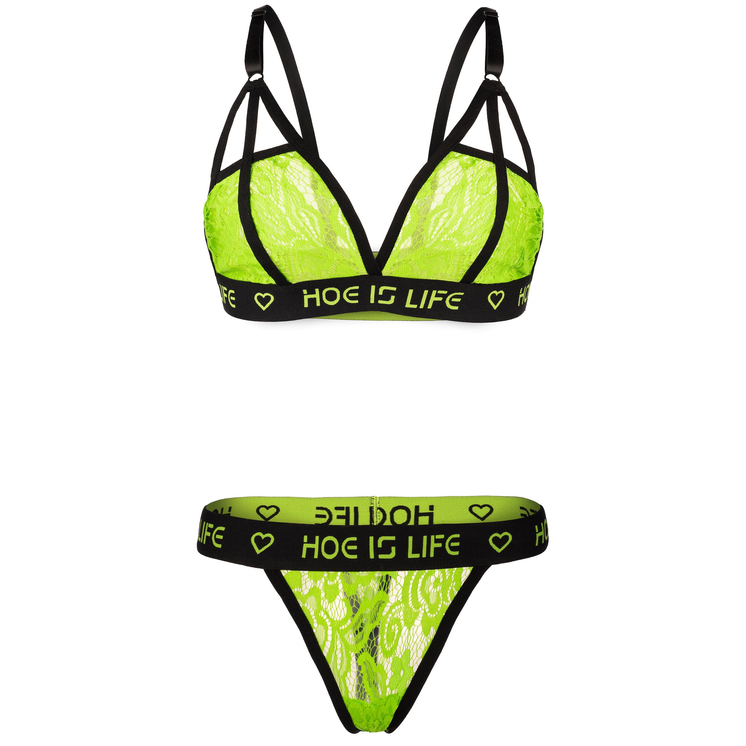 Buy Rage Mob™ Clothing Presents: HOE IS LIFE Neon Green Lace Bra and Thong  Set Online in India 