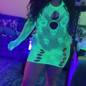 Alien Head Neon Eingebauter Kristall Oberschenkel Minikleid Bodystocking von Rage Mob ™ Kleidung